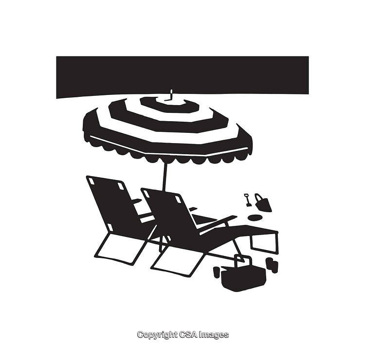 Black and White Illustration of Beach Umbrella and Lounge Chairs
