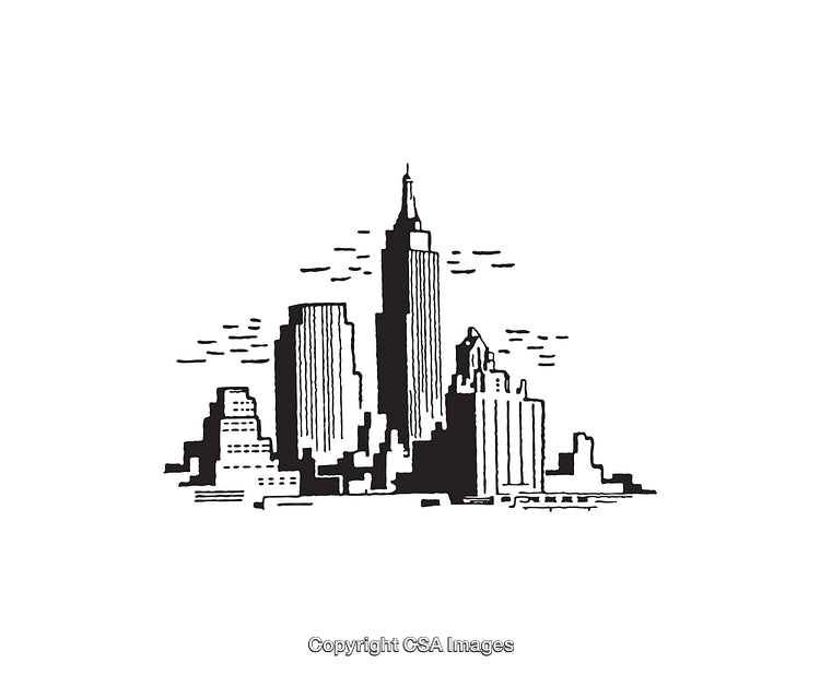 Black and White Line Art Illustration of a City Skyline