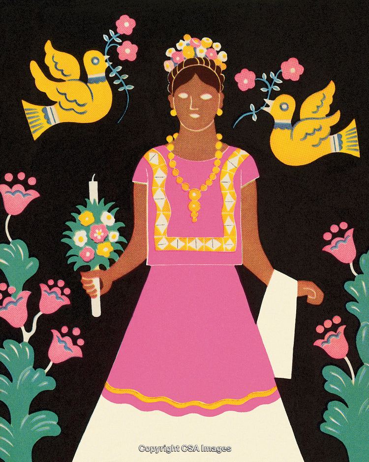 Vibrant Folk Art Style Illustration Depicting Woman with Birds and Floral Motifs