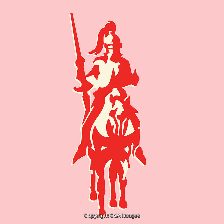 Red Silhouette of a Knight on Horseback in a Bold Line Art Style