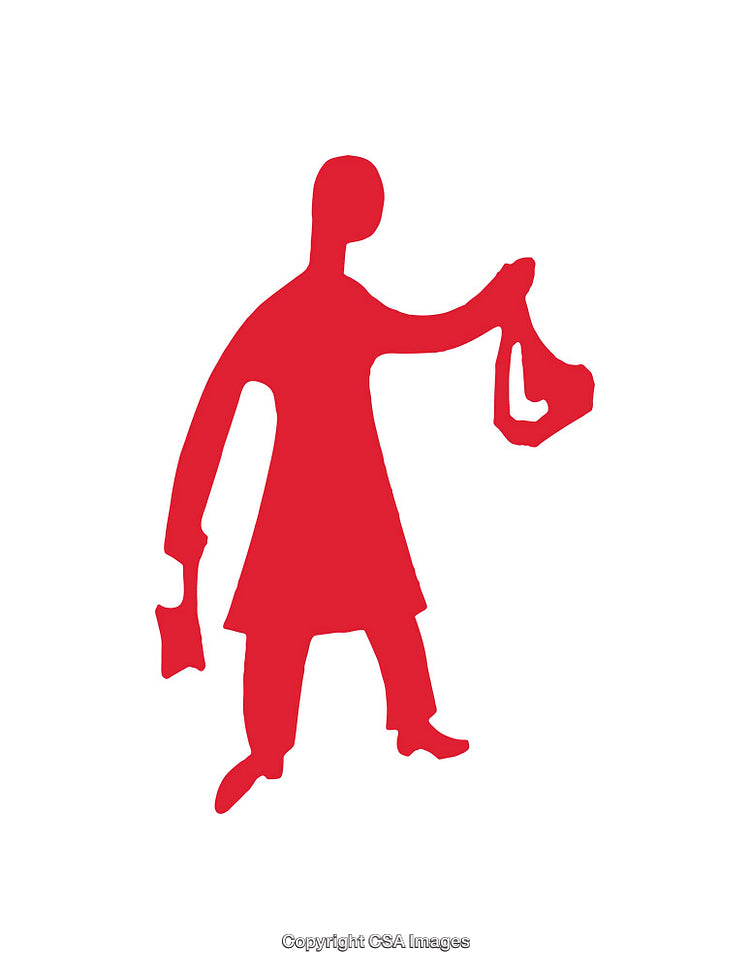 Red Silhouette Depicting a Character Holding Objects in a Minimalistic Design