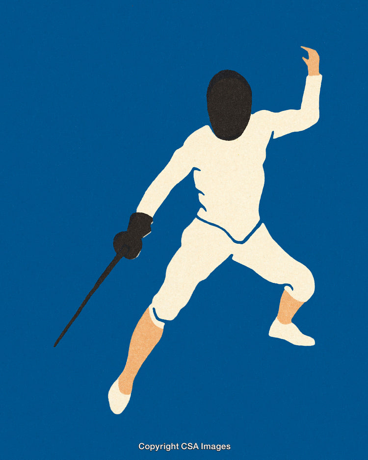 Illustration of a Fencer in Action on a Blue Background