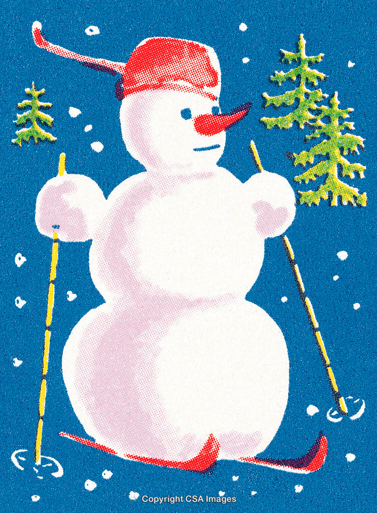 Illustration of a Snowman Skiing in a Winter Forest Setting