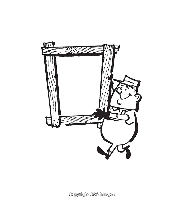 Black and White Hand-Drawn Illustration of Worker Carrying Wooden Frame