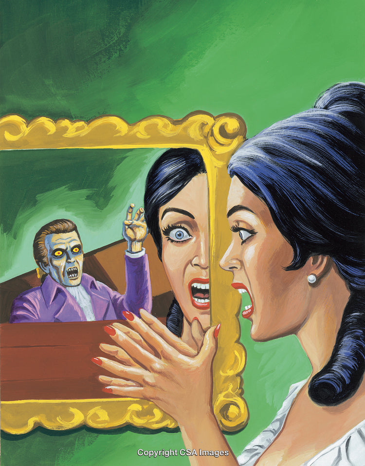 Spooky Scene With Surprised Woman and a Zombie Reflection