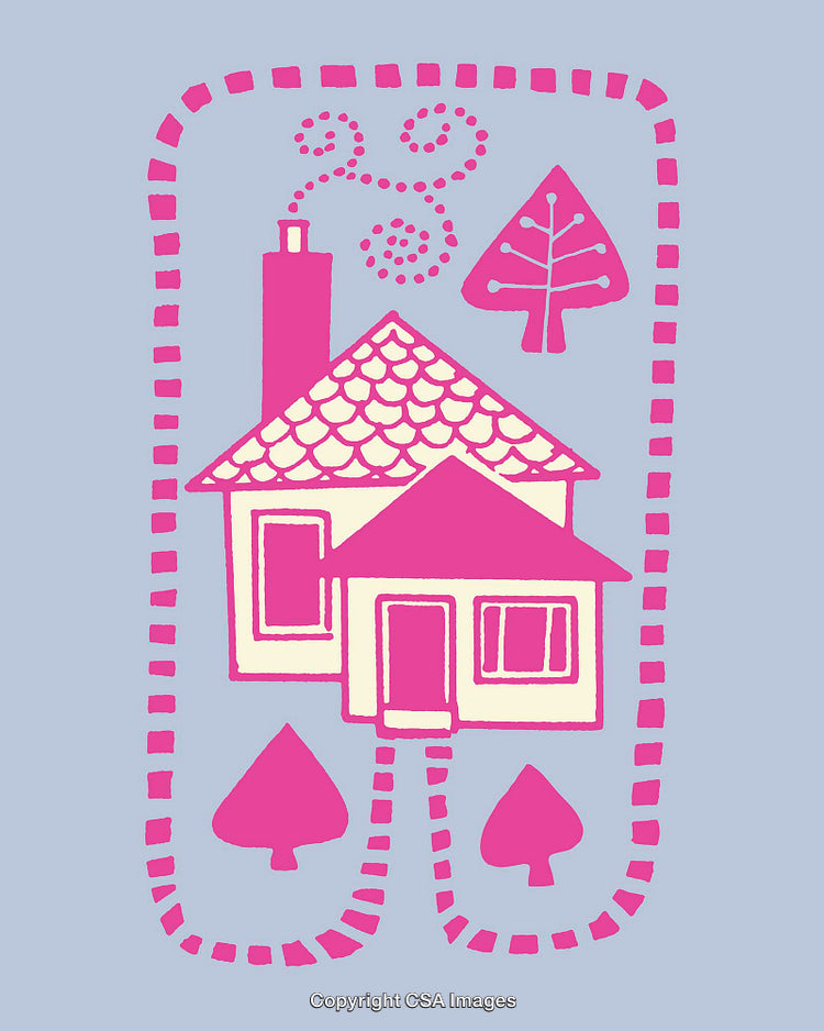 Whimsical Pink and White Cottage Line Art With Dotted Borders