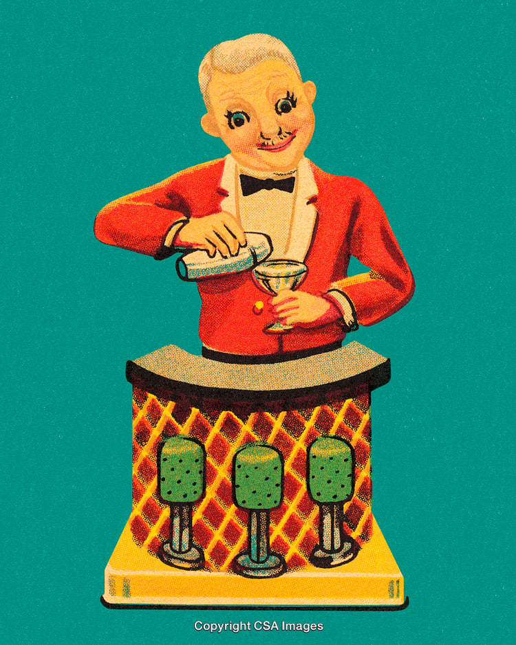 Retro Illustration of a Bartender With Shaker at a Bar Counter
