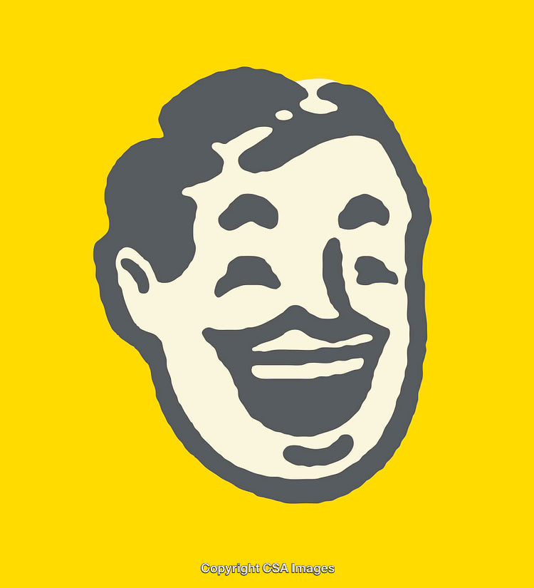 Retro Style Line Art Cartoon Face on Bright Yellow Background