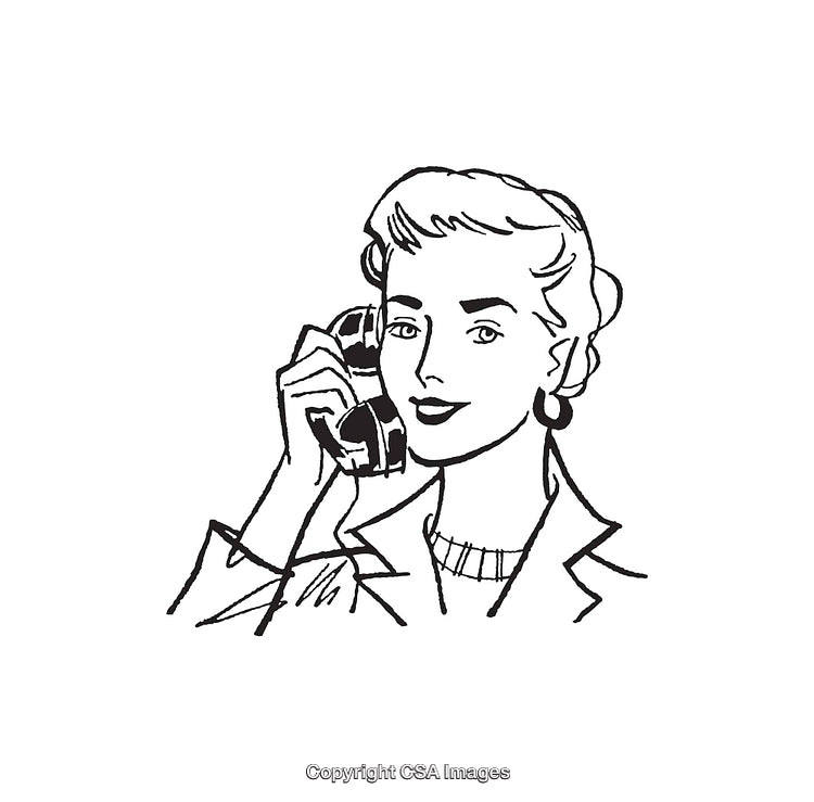 Retro Black and White Line Art of Woman Using a Telephone