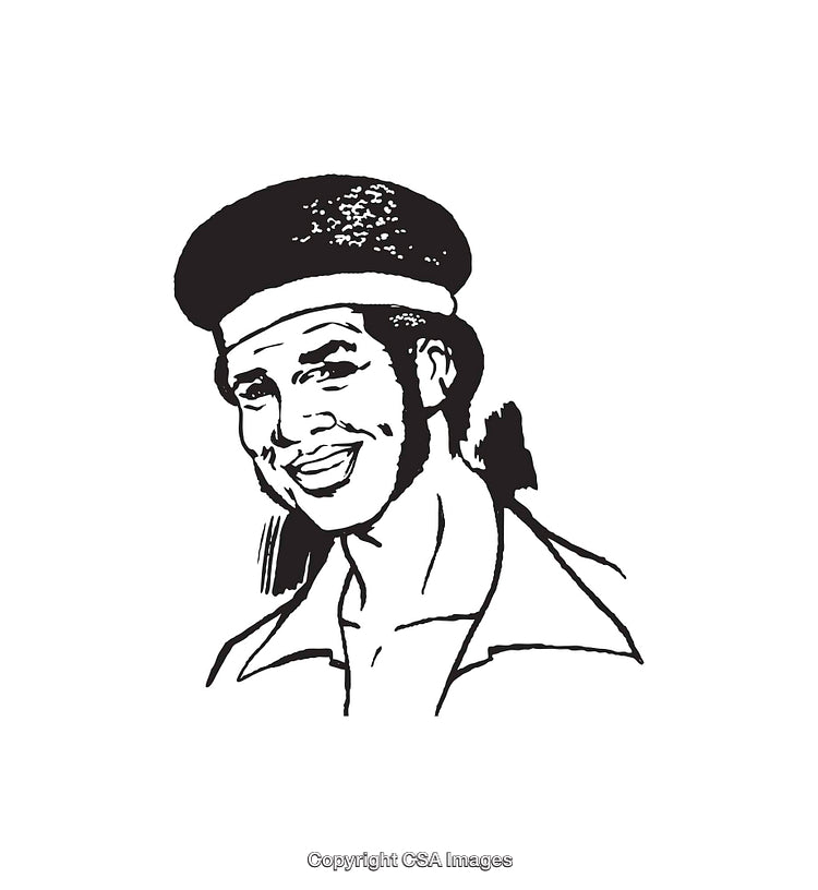 Stylized Black and White Illustration of Smiling Man in Vintage Attire