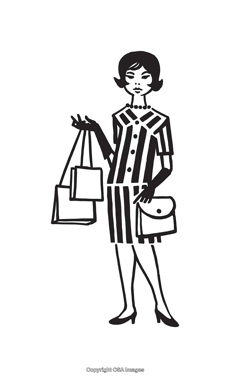 Retro Black and White Line Art of a Woman Holding Shopping Bags