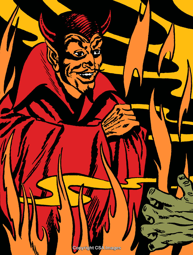 Evil Character Illustration in Comic Style with Flames and Dramatic Colors