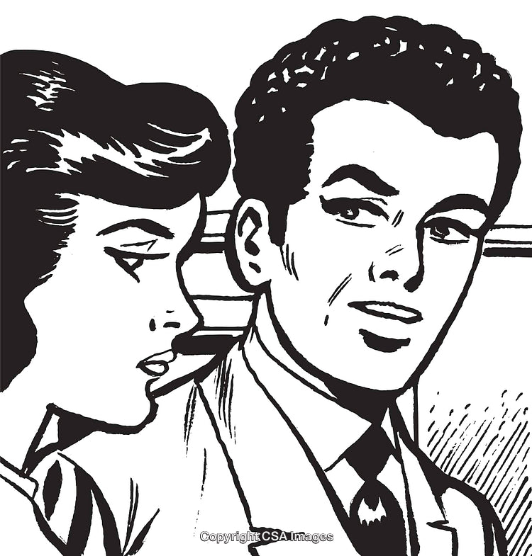 Retro Style Illustration of Two People Conversing in Black and White