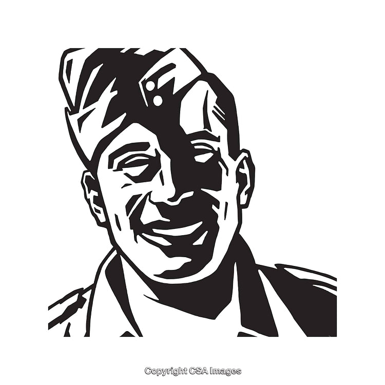 Black and White Illustration of a Smiling Soldier in Line Art Style