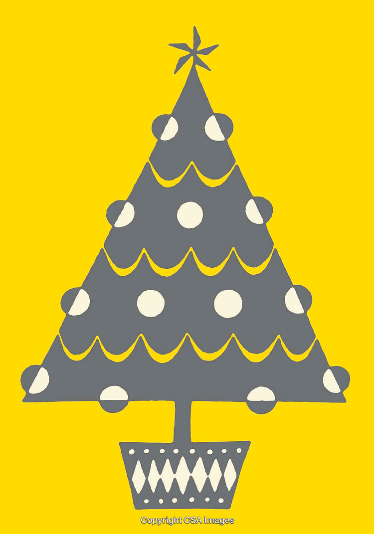 Stylized Christmas Tree Art Illustration Against Bright Yellow Background