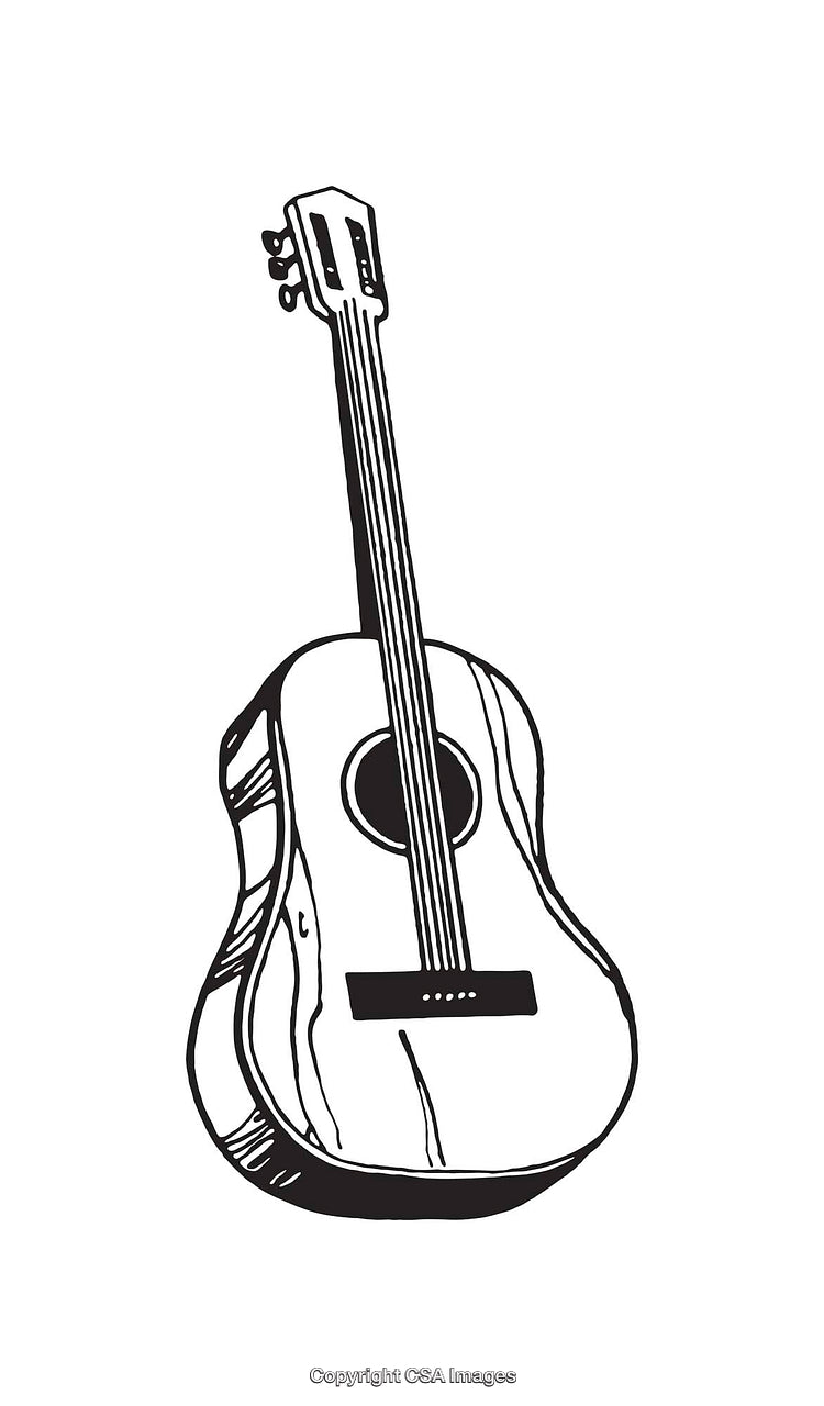 Black and White Line Art Illustration of an Acoustic Guitar