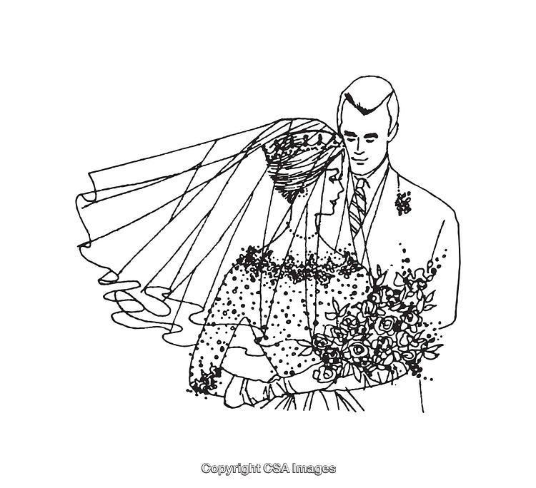 Black and White Line Art of a Happy Wedding Couple Embracing