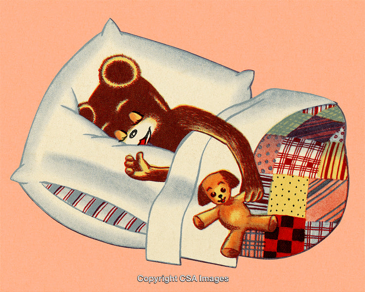 Cute Illustration of Bear Teddy Sleeping With Plush Toy on Colorful Quilt