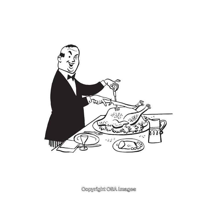Man Carving Turkey at Holiday Dinner Table in Line Art Illustration