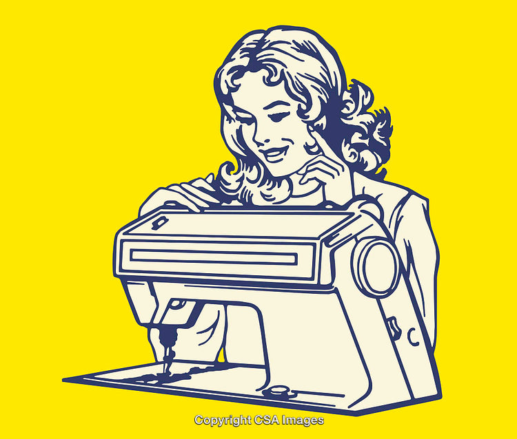 Retro Line Art Style Illustration of Woman Working With Sewing Machine
