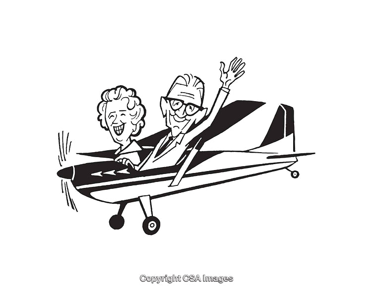 Cartoon Illustration of Two People in a Small Airplane Waving During Flight
