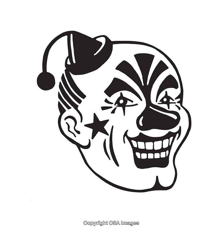 Black and White Line Art of a Cheerful Clown Face Illustration