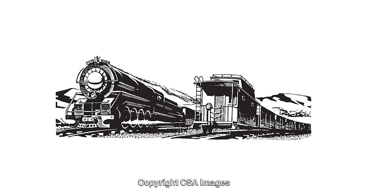 Vintage Steam Train and Caboose in Black and White Line Illustration