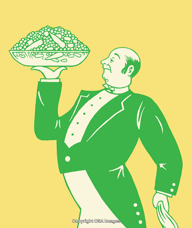 Illustration of a Server Holding a Salad Bowl on a Yellow Background