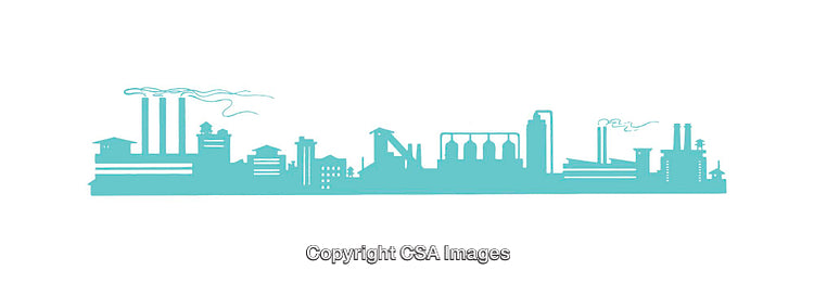 Industrial Skyline Silhouette Featuring Smokestacks and Factory Buildings in Blue Tint