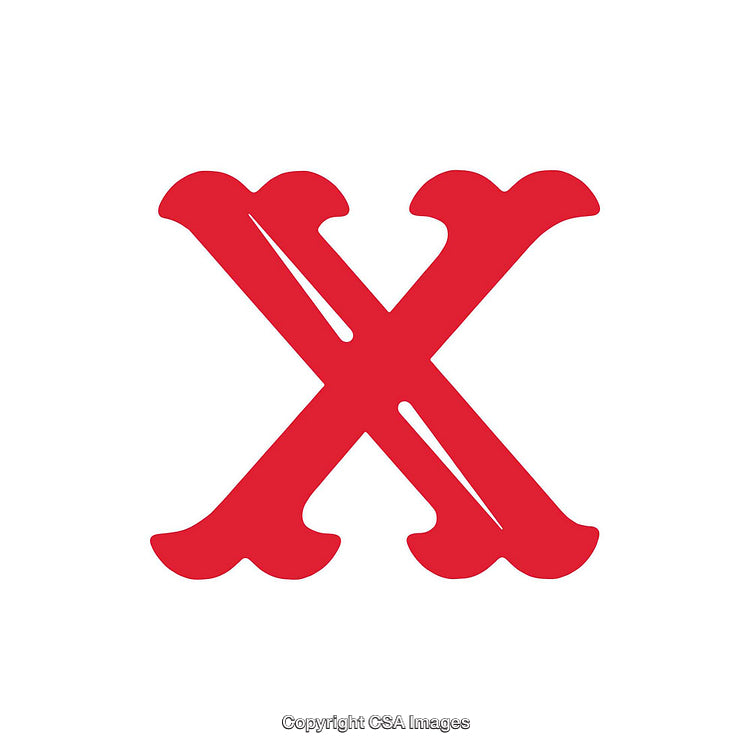 Bold Red Letter X with Decorative Typeface on White Background