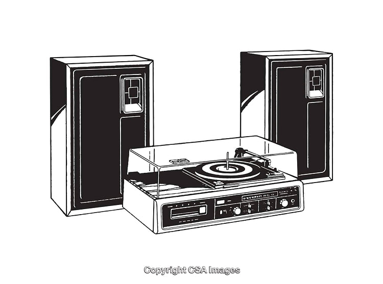 Vintage Line Art Illustration of Stereo Equipment with Speakers
