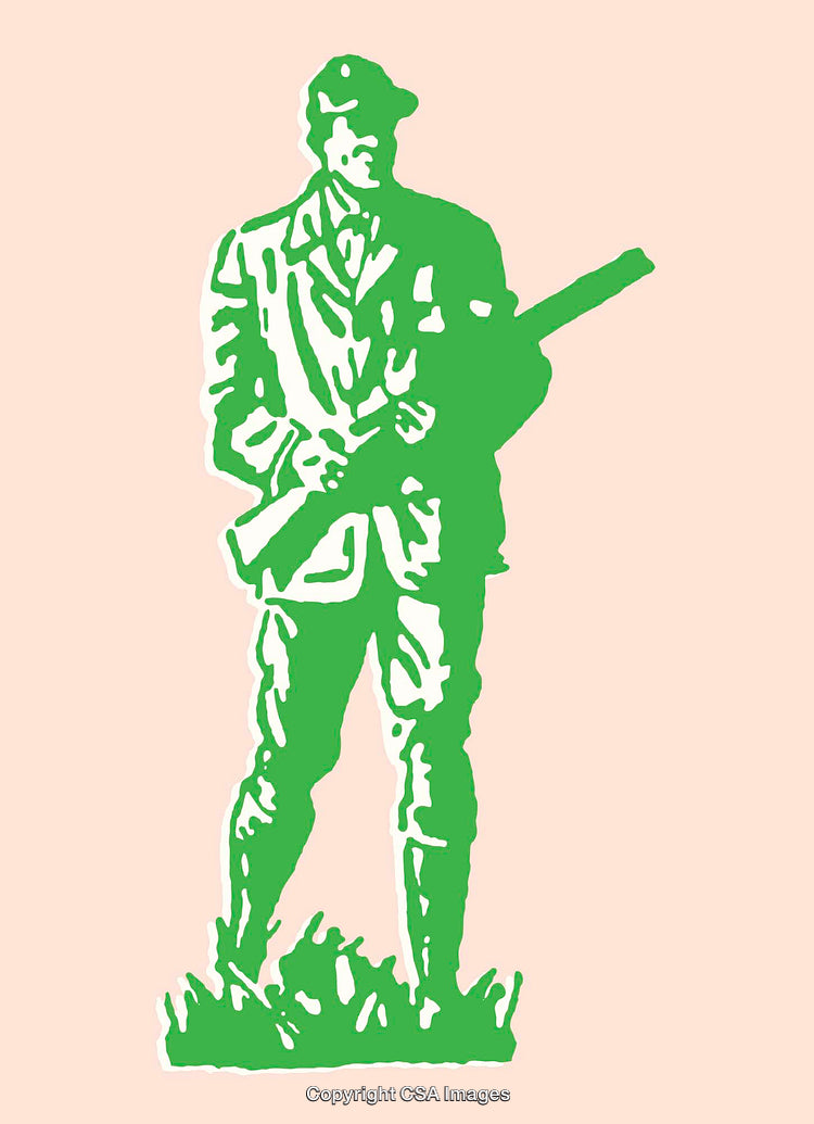 Green Line Art of Hunter Standing Outdoors with Rifle on Pastel Background