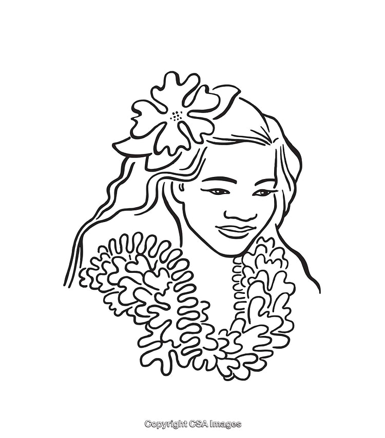 Black and White Line Art of a Woman with Floral Lei