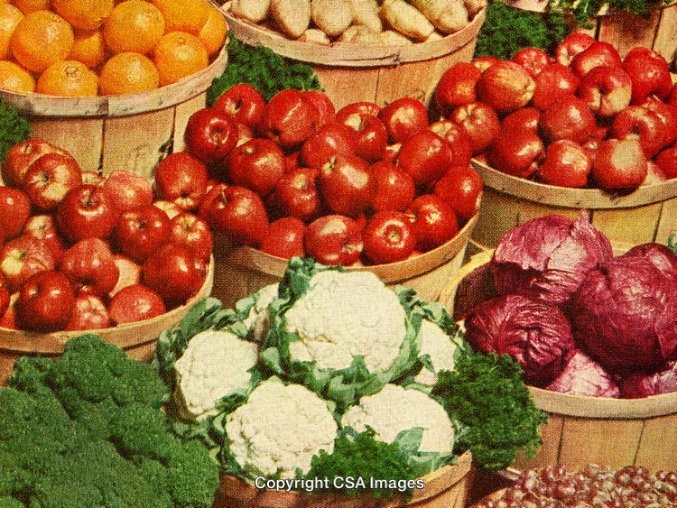 Vibrant Display of Fresh Produce Including Fruits and Vegetables in Market Baskets