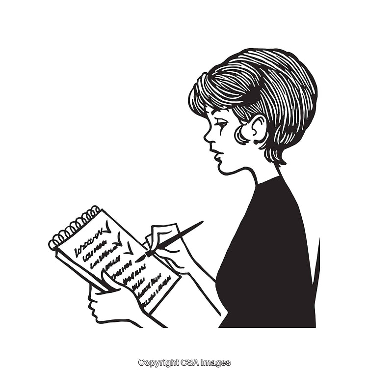 Line Art of Woman Writing a List on Notepad in Profile View