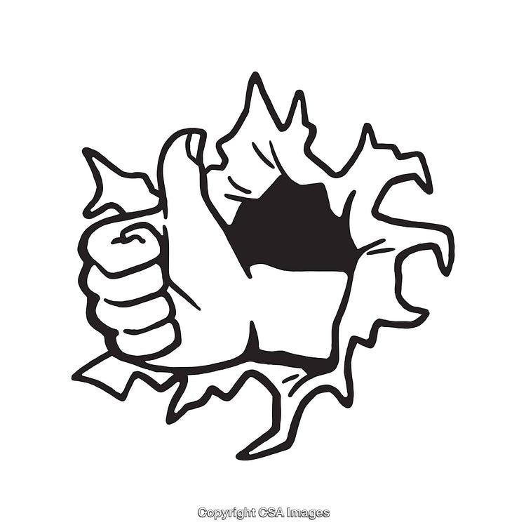 Black and White Line Illustration of Thumbs Up Breaking Through a Wall