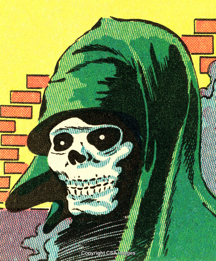 Vibrant Illustration of a Hooded Skeleton in Comic Art Style