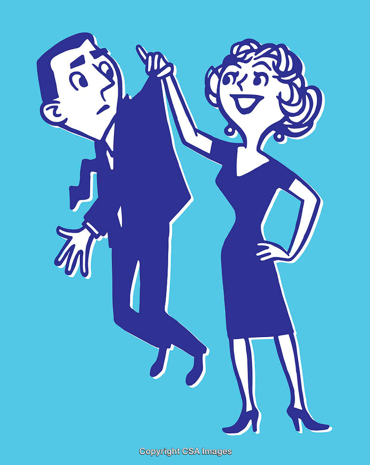 Retro Cartoon Illustration of a Confident Woman Holding a Surprised Man