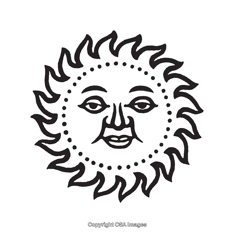 Black and White Sun with Face Line Art Illustration