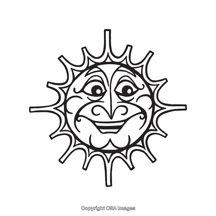 Illustrated Sun With Decorative Facial Features and Radiating Spokes Design