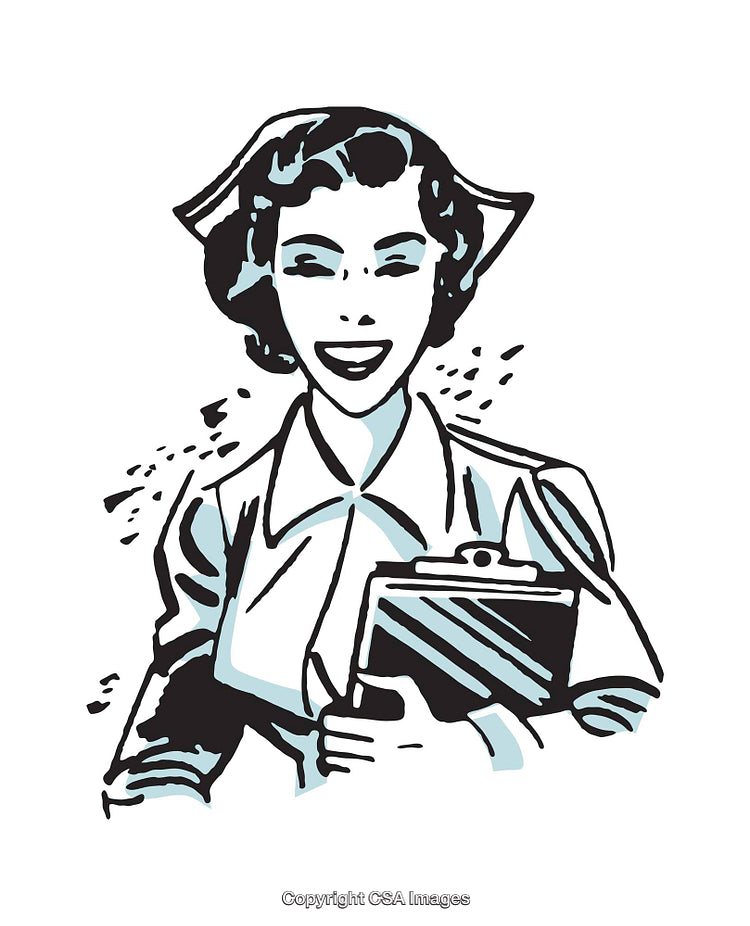 Vintage Illustration of a Smiling Nurse Holding a Medical Clipboard