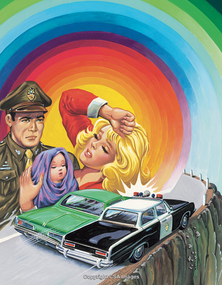 Vintage Illustration of Police, Woman, and Baby With Rainbow Backdrop