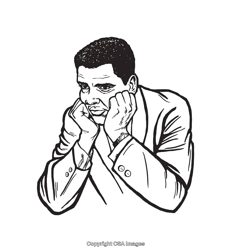 Black and White Illustration of a Man in Deep Thought and Reflection