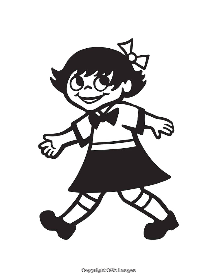Black and White Cartoon Girl Drawing in Cheerful Pose