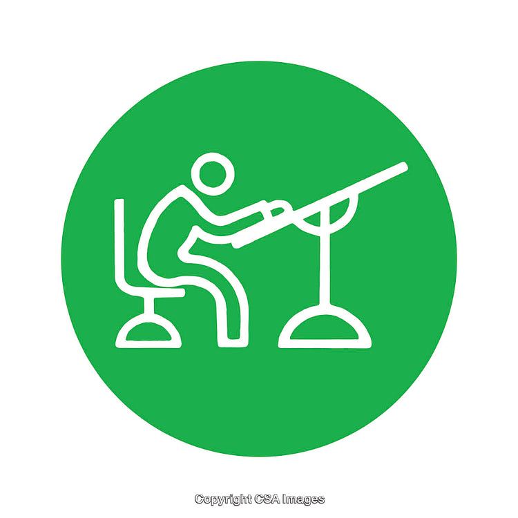 Green Icon Depicting a Seated Worker Leaning on a Workbench