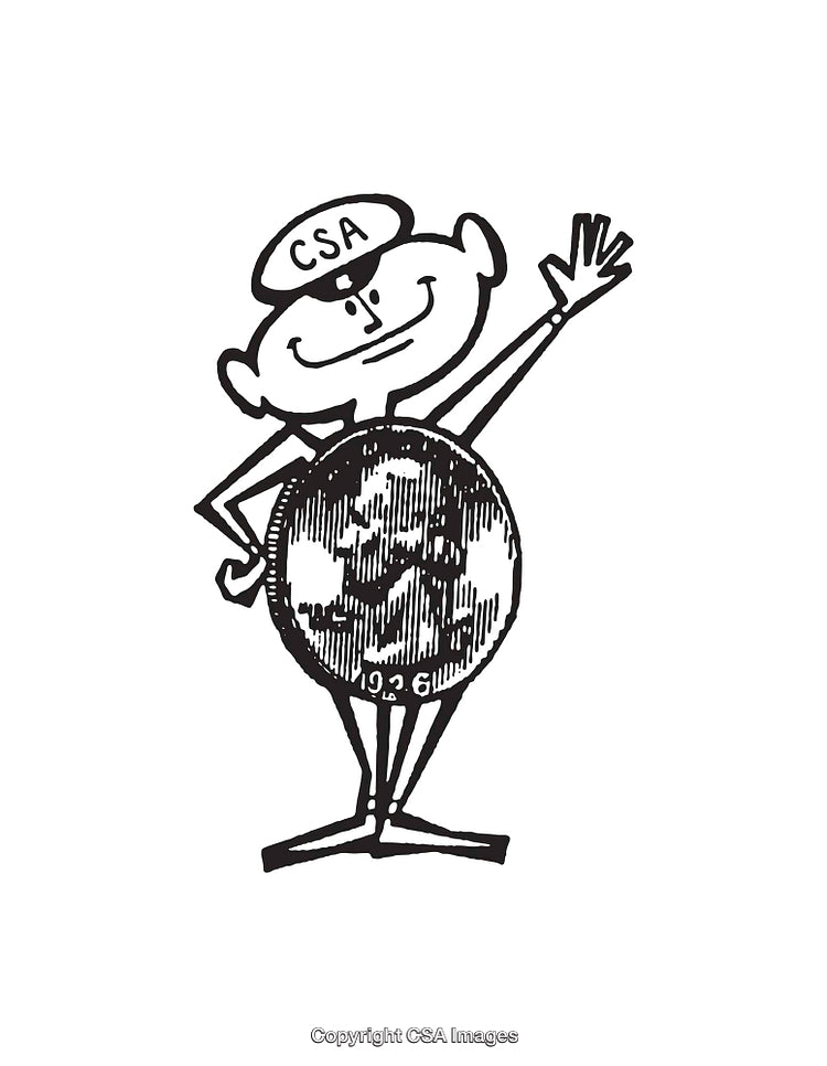 Black and White Cartoon Character Line Art With CSA Globe Illustration