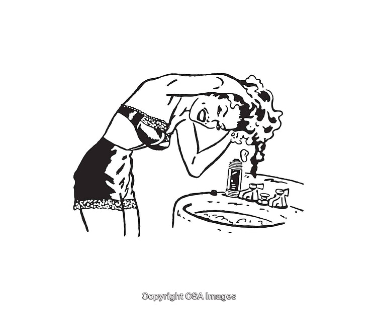 Vintage Style Black and White Illustration of a Woman in a Bathroom