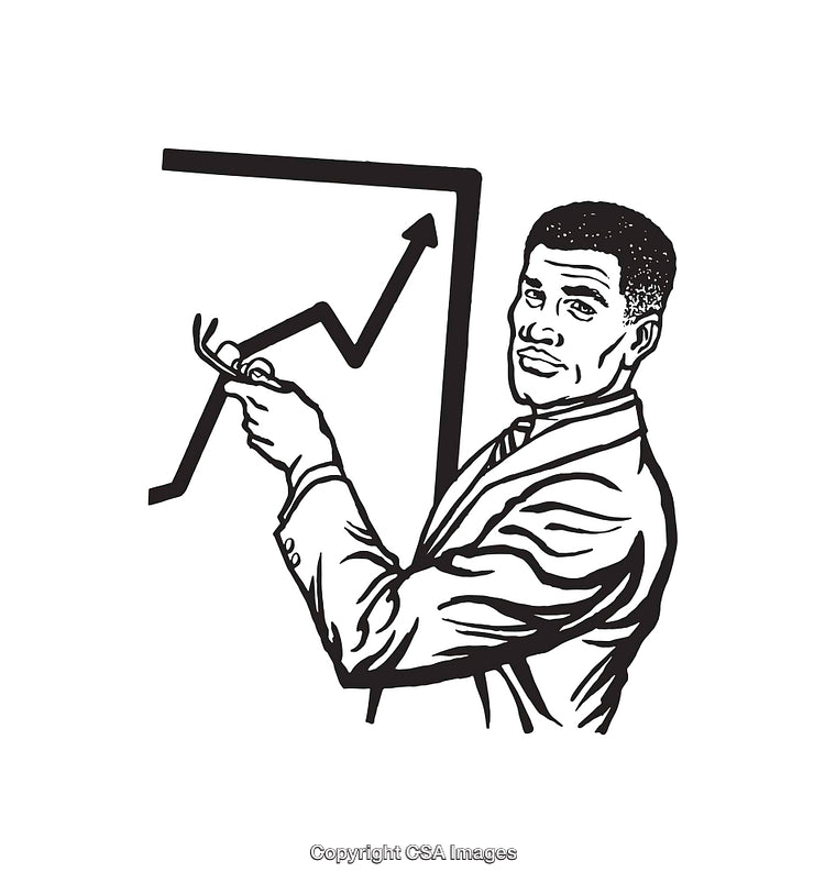 Retro Businessman Presenting an Increasing Chart in Line Art Style