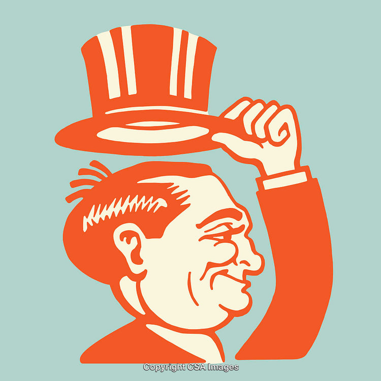 Retro Color Line Art of a Gentleman Tipping His Hat in Salutation