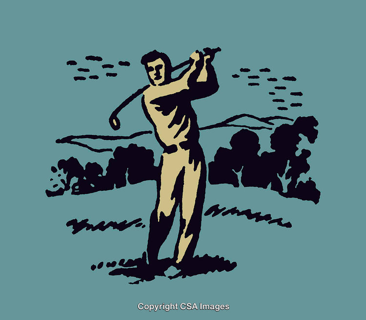 Vintage Styled Golf Illustration with Scenic Background and Player Swinging Club